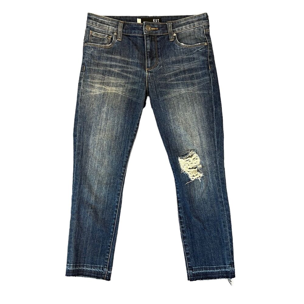 Kut from the Kloth Jeans Womens 0P Petite Reese Ankle Straight Leg Distressed